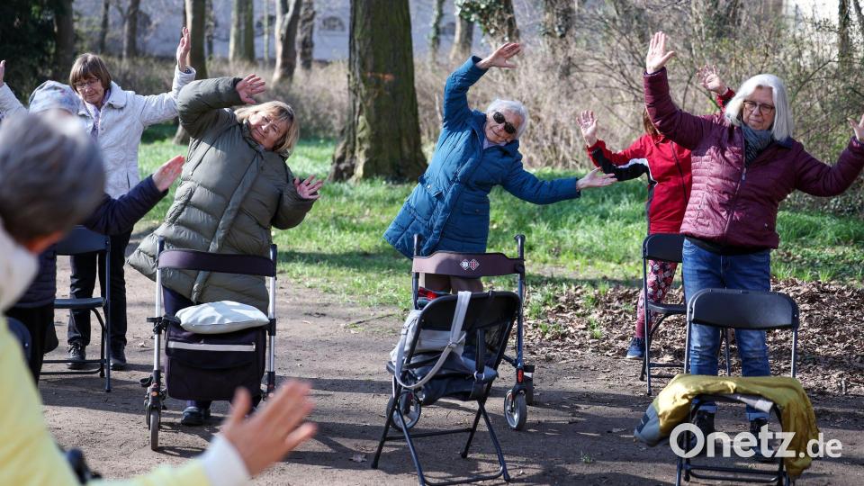 Ein wenig geht immer: Seniorinnen beim Rollator-Yoga im Schlosspark Köthen (Sachsen-Anhalt). (Archivbild) Bild: Jan Woitas/dpa