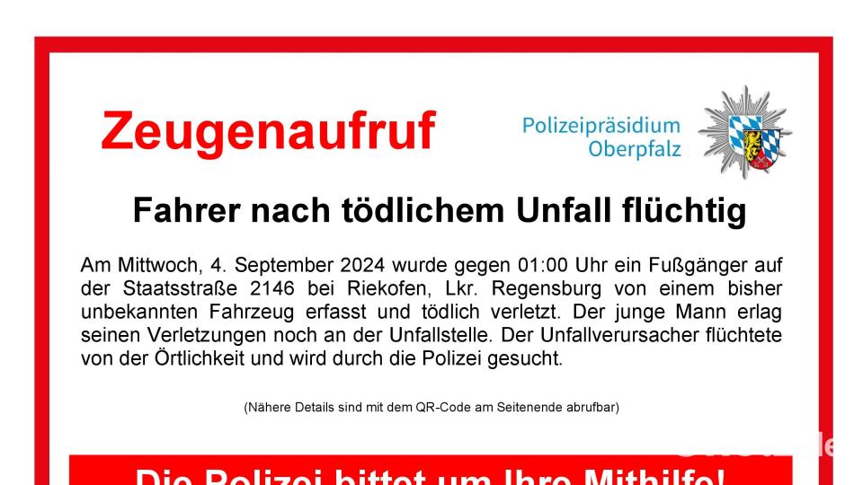 Mit diesem Plakat sucht die Polizei nach dem Autofahrer, der einen Fußgänger Anfang September tödlich verletzt hat. Bild: Polizeipräsidium Oberpfalz
