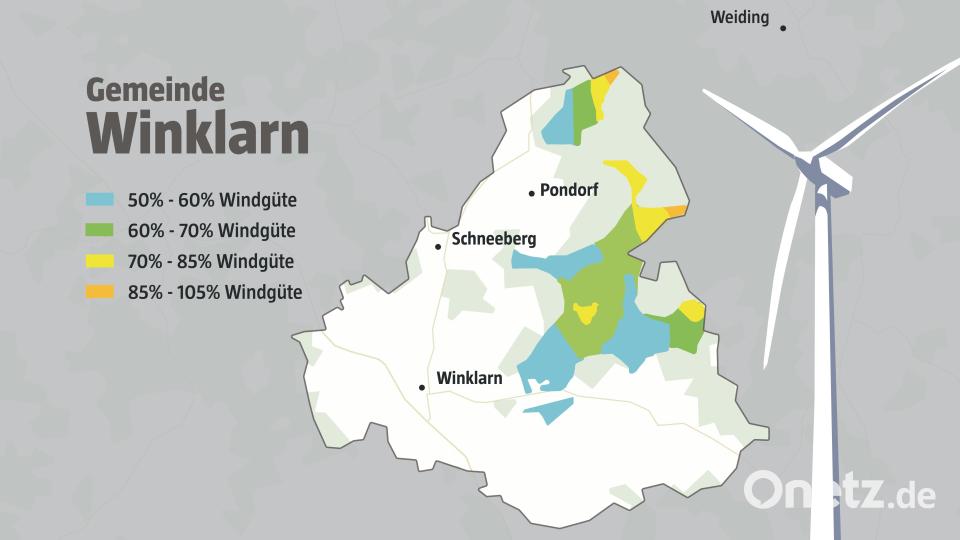 Vor allem die gelb und orange markierten Flächen am östlichen Rand der Gemeindegrenze von Winklarn sind im Visier von Firmen, die Windkraft-Anlagen planen. Die Basis dafür liefert die Potenzialkarte des Regionalplans Oberpfalz-Nord Grafik: Oberpfalz-Medien; Quelle: Regionalplan