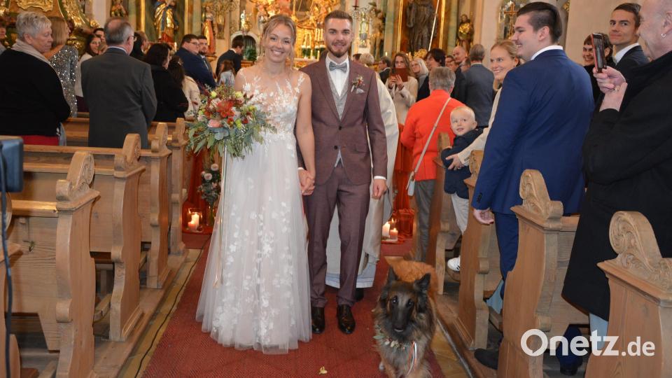 Der belgische Schäferhund „Calea“ brachte die Trauringe für Verena Burger und Fabian Berr zum Altar. Bild: jr