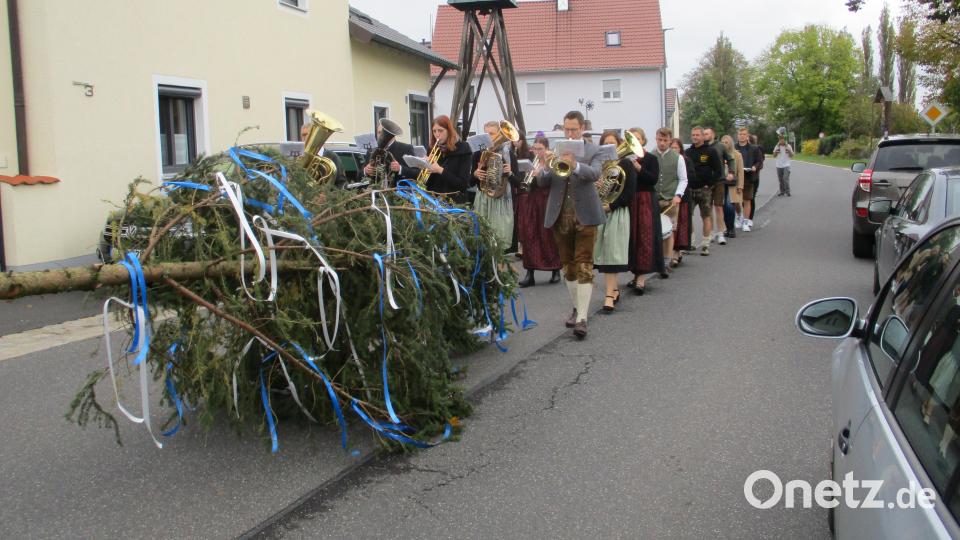 Begleitet von &quot;D&#039;Naabtaler Musikanten&quot; wird der Kirwabaum zum Dorfplatz transportiert. Bild: bnr