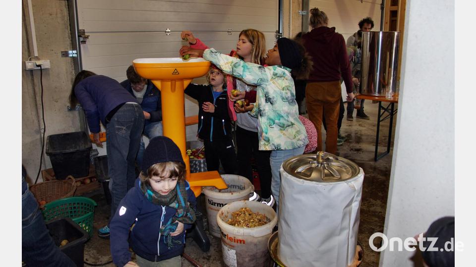 Kinder fütterten den Häcksler mit gewaschenen Äpfeln. Vorne rechts steht die Apfelpresse, die mit den zerkleinerten Früchten gefüllt wird. Bild: ds