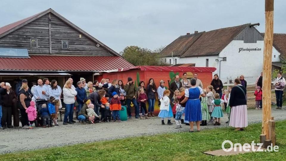 Angeleitet von Manuela Fronhofer und an der Quetschn begleitet von Ingrid Müller durfte der Burschen- und Mädchennachwuchs seine Tanzkünste beim Austanzen des Kirwabaums unter Beweis stellen. Bild: nag