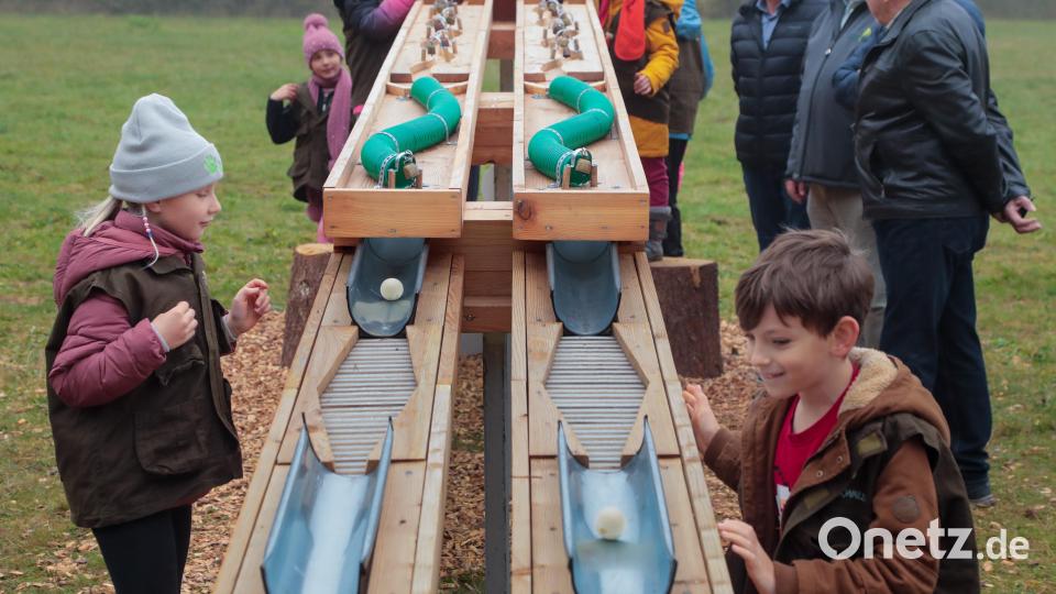 Die Kinder nehmen die neue Kugelbahn im Naturpark Hirschwald begeistert in Beschlag. Bild: Wolfgang Steinbacher