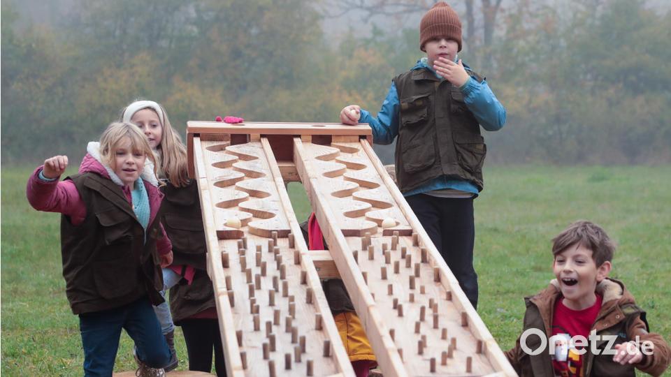 Die Kinder nehmen die neue Kugelbahn im Naturpark Hirschwald begeistert in Beschlag. Bild: Wolfgang Steinbacher