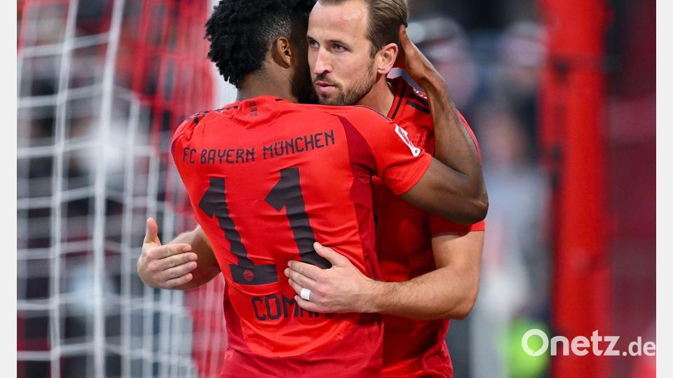 Bayerns Torschützen beim Jubel: Kingsley Coman (l) und Harry Kane. Bild: Sven Hoppe/dpa