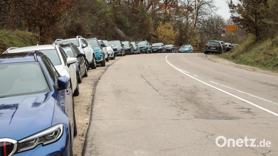 Auto an Auto, das ganze Bankett ist dicht: Die Autoschlange reicht vom Krankenhaus über das Ortsschild hinaus bis zur Bundesstraße. Bild: Wolfgang Steinbacher