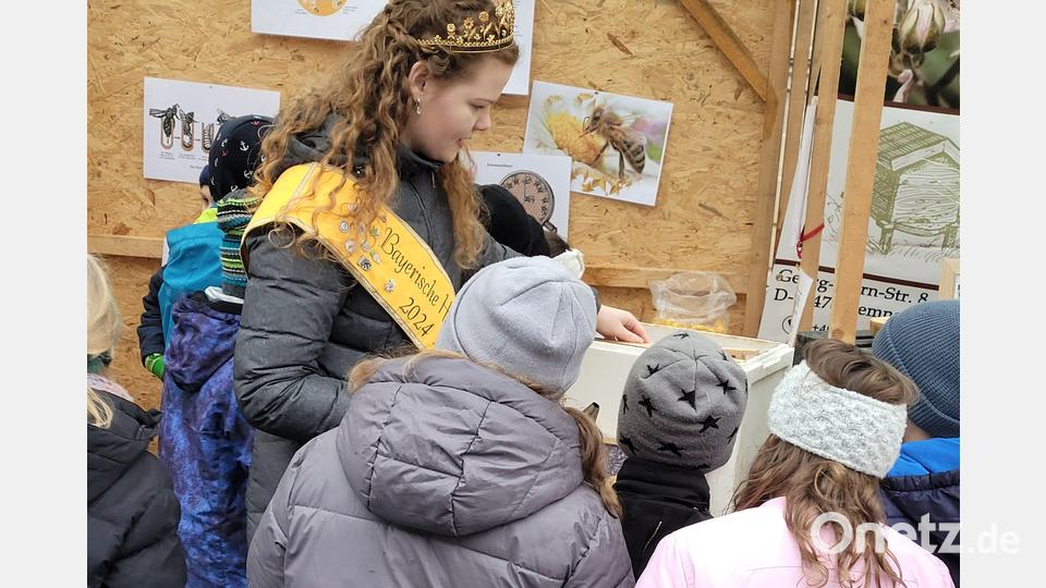 Die Bayerische Honigprinzessin Anja Bürzer beantwortete die Fragen der Schüler und Kindergartenkinder zu Bienen und Honig. Bild: Stadt Kemnath/exb