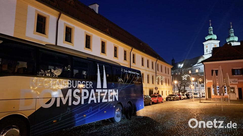 Der Mädchenchor war für die beiden Konzerte am Wochenende in Waldsassen mit dem Bus der Domspatzen angereist – im Bild auf dem Johannisplatz. Bild: Johannes Röttges/exb