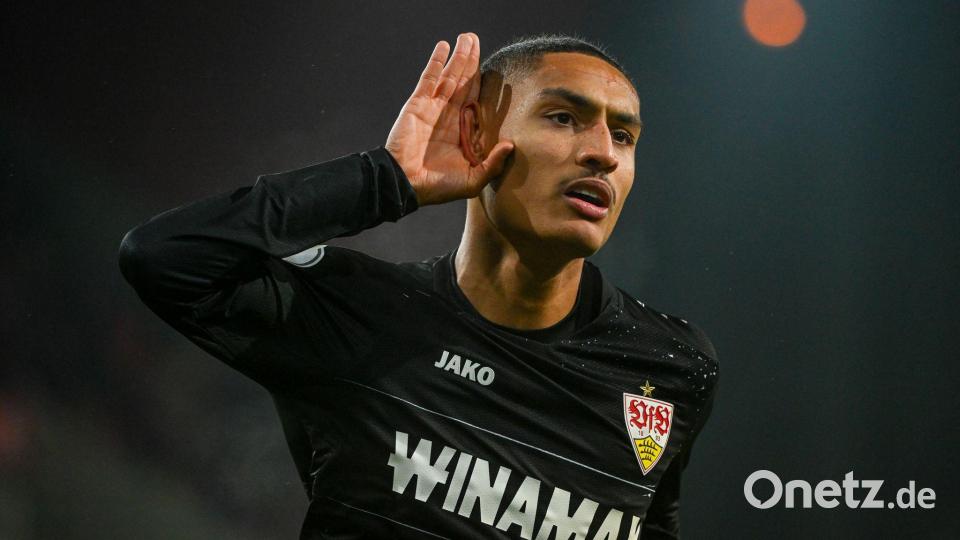 Enzo Millot erzielt unwiderstehlich die Stuttgarter Führung. Bild: Armin Weigel/dpa