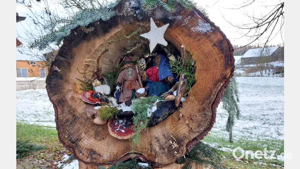 Die große Baumkrippe ist Teil der Krippenschau rund um die Bushaltestelle in Mittelreinbach. Bild: Hannelore Stielper