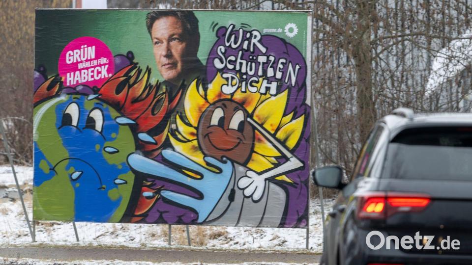 Im Auftrag der Grünen werden im Allgäu beschädigte Wahlplakate von einem Künstler neu gestaltet. Bild: Stefan Puchner/dpa