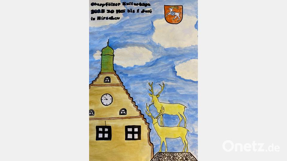 Die Neuntklässler Hannah Barth und Jean-Pierre Böhm entwarfen das Siegerplakat, mit dem zu den Oberpfälzer Kulturtagen einladen wird, die vom 30. Mai bis 1. Juni in Hirschau stattfinden. Bild: u