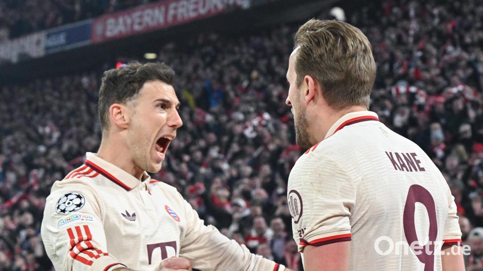 In der Champions League oben auf: Harry Kane feiert mit Leon Goretzka nach seinem Tor zum 1:0. Bild: Peter Kneffel/dpa