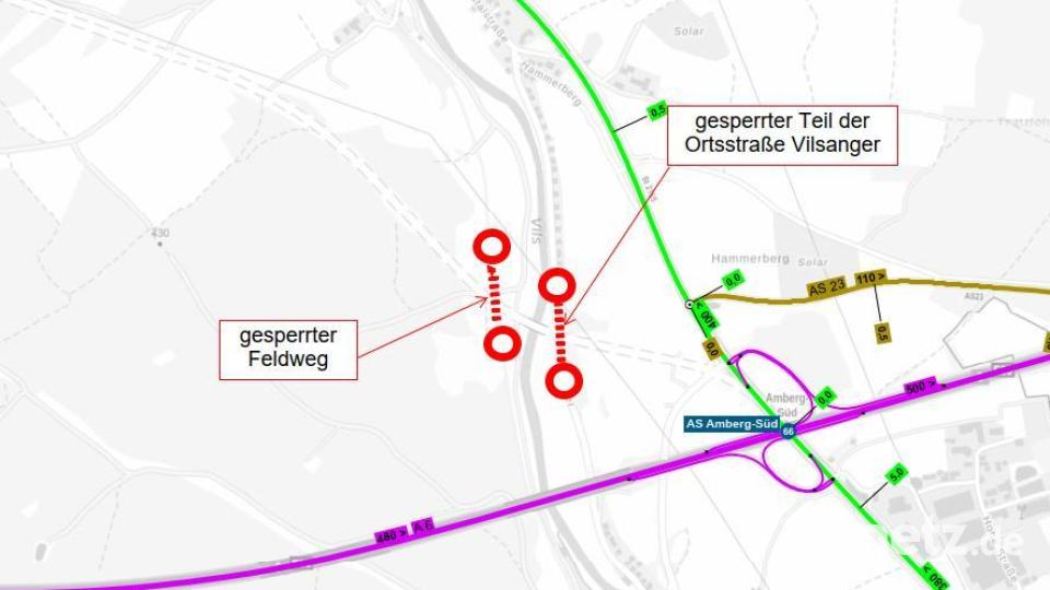 Das Staatliche Bauamt Amberg-Sulzbach hat wegen wegen des Neubaus einer Brücke auf der Ortsstraße Vilsanger eine Sperrung eingerichtet. Grafik: Staatliches Bauamt Amberg-Sulzbach