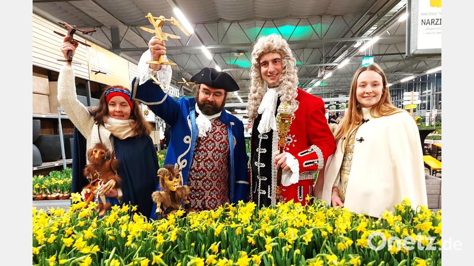 Doktor Eisenbarth hat auch die Marionetten Hagebutt und Satyr mitgebracht, die einem Bad in der gelben Blütenpracht der Narzissen nicht widerstehen können. Bild: lg