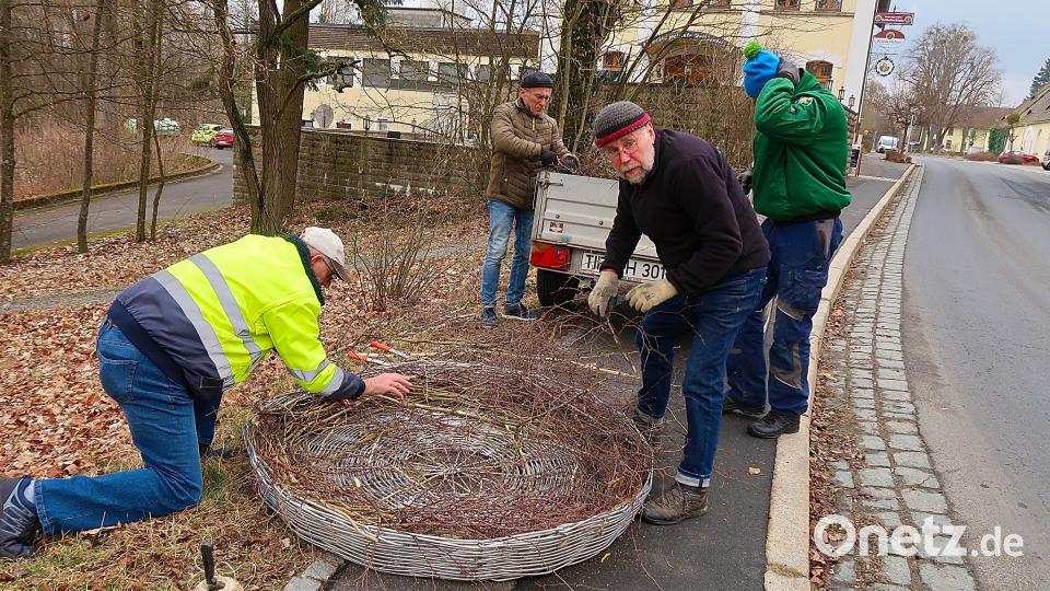 Hans Lenk, Dr. Siegfried Steinkohl, Robert Mertl und Matthias Schlicht (von links) von den Friedenfelser Storchenfreunden statteten das Nest mit Reisig aus. Bild: bsc