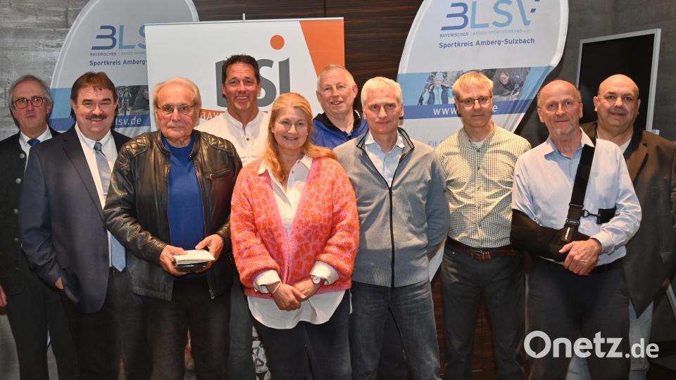 Geehrte und ihre Laudatoren beim BLSV-Ehrenabend (von links): Franz Mädler, Albert Kellner, Klaus Högl, Markus Spörer, Susi Druckseis-Luschner, Günter Dobmeier, Peter Deml, Wolfgang Rösch, Reinhard Weber und Thomas Gebele. Bild: gf