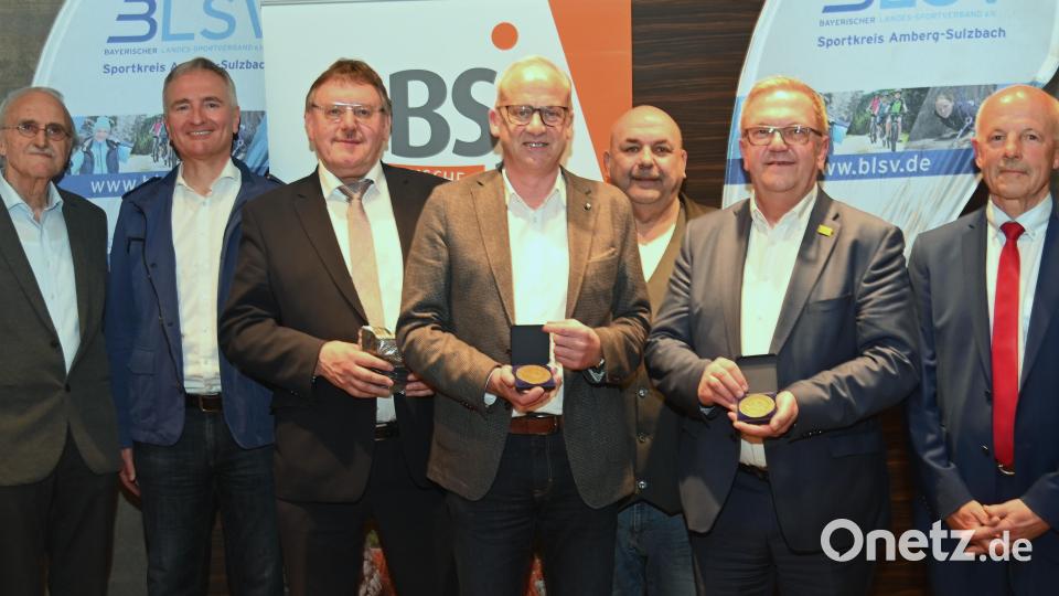 Ehrung für Politiker und Sponsoren beim BLSV-Ehrenabend (von links): Josef Lobenhofer, MdL Harald Schwartz, Hans-Martin Schertl, Bernhard Lindner, Thomas Gebele, Martin Preuß und Günter Simmerl. Bild: gf