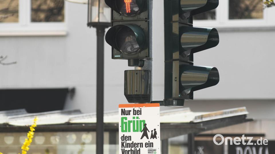 Das Schild soll an Erwachsene appellieren, den Kindern ein Vorbild zu sein und nur bei Grün über die Straße zu gehen. Bild: Gabi Schönberger
