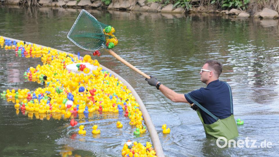 Im Ziel werden die Enten wieder aus dem Wasser gefischt. Bild: Stephan Huber
