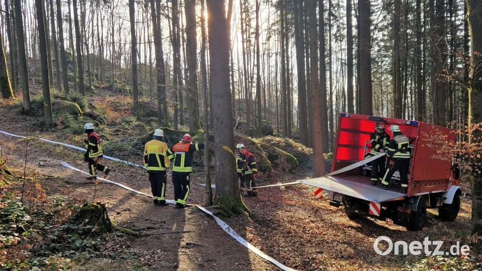 Eine Schlauchtstrecke mit einer Länge von fast einem Kilometer mussten mitten durch den Wald verlegt werden. Bild: Kreisbrandinspektion Cham