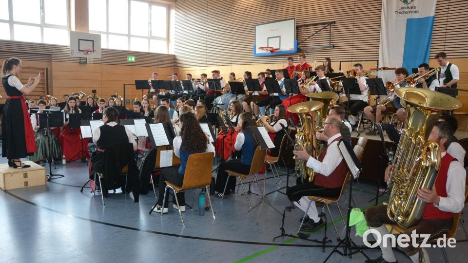 Das Kreisorchester Tirschenreuth, hier mit Dirigentin Theresa Bäuml, gab am Sonntagnachmittag ein zweistündiges Abschlusskonzert in der Immenreuther Mehrzweckhalle. Imposant, das 65-köpfige Orchester, das musikalisch die Besucher in ihren Bann zog. Bild: jr
