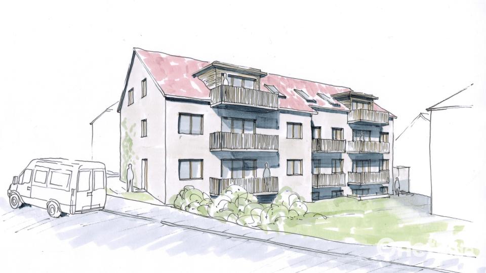In der Rosenberger Straße an der B 14 soll dieses Mehrfamilienhaus mit neun Wohnungen nach dem KfW-Standard 40 entstehen. Der Baubeginn ist für Herbst vorgesehen. Bild: MK Architekten/exb