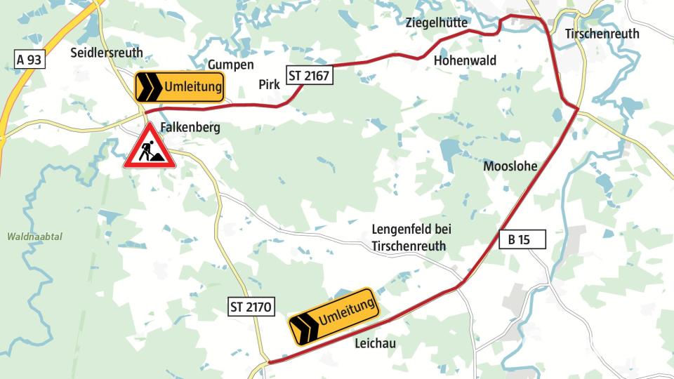 Der Verkehr wird ab Montag, 5. Mai, von Richtung Wiesau kommend über die Staatsstraße 2167 nach Tirschenreuth und ab Tirschenreuth über die B 15 nach Schönficht umgeleitet. Grafik: Jakob Graf/Quelle: Staatliches Bauamt Amberg-Sulzbach
