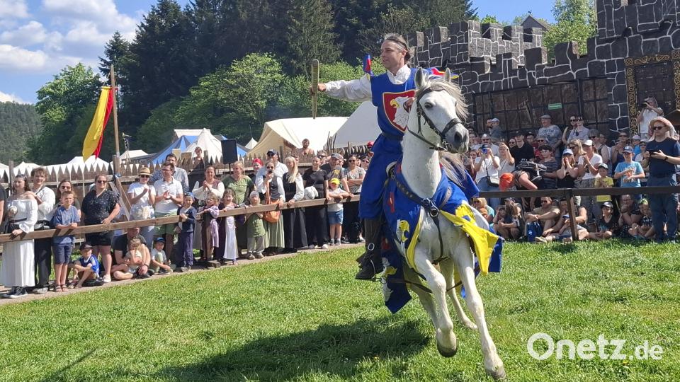 Viele Besucher verfolgen das Ritterturnier in der Schloss-Arena. Bild: jua