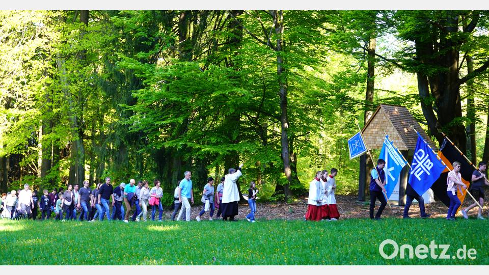 Bei der Wallfahrtseröffnung 2025 ziehen viele Pilger von Waldthurn aus zum Fahrenberg. Pfarrer Norbert Götz segnet dabei die restaurierten Rosenkranzstationen. Bild: Franz Völkl [fvo] (waldthurn@t-online.de)