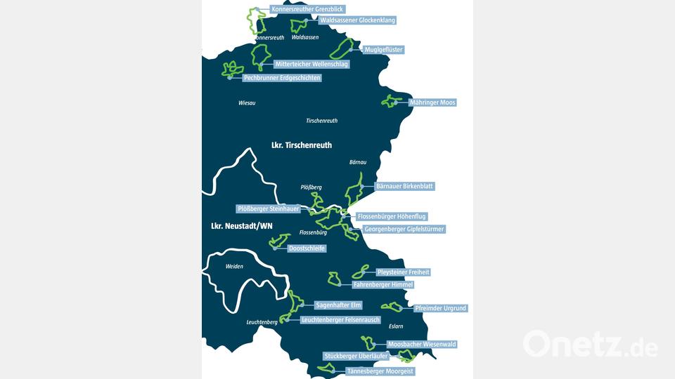 Die Eric Frenzel-Trails in den Landkreisen Tirschenreuth und Neustadt/WN. Grafik: Oberpfalz-Medien, Marco Meier; Quelle: Machbarkeitsstudie Eric Frenzel-Trails/exb