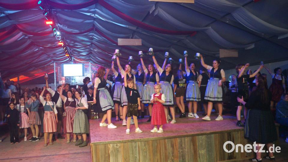 Die Weiherner Festdamen bekamen extra eine Showbühne aufgebaut und heitzten darauf die Stimmung an . Bild: slh