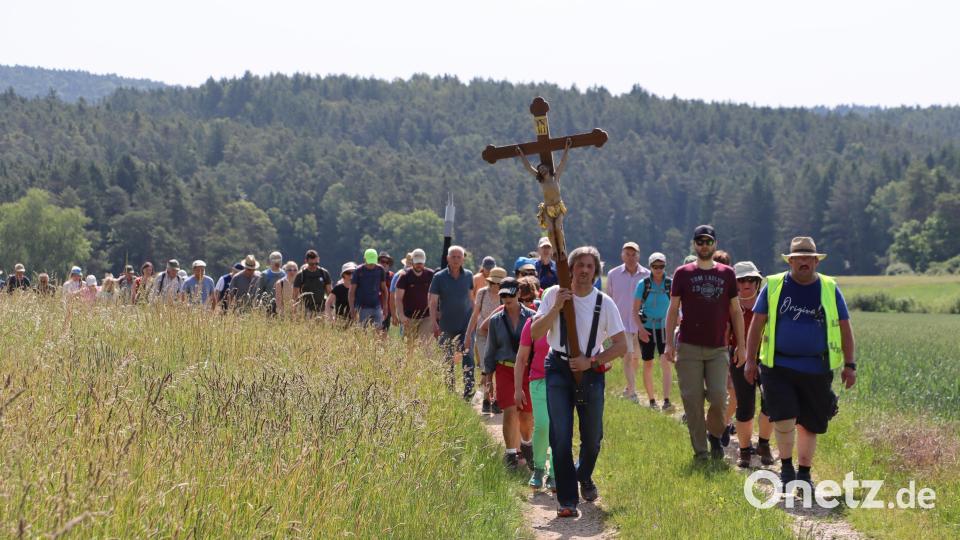 Die Riedener Pilger bei der Wallfahrt zum Habsberg mitten im Hirschwald kurz vor Berghausen. Bild: mrr