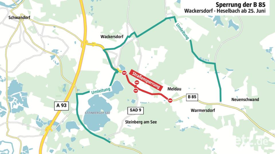 Die Bundesstraße 85 wird ab 25. Juni zwischen Wackersdorf und Heselbach/Meldau gesperrt. Grund ist der Umbau der Lohbauer-Kreuzung. Die Umleitung ist ausgeschildert. Grafik: Quelle: Martin Paulus, StBA Amberg-Sulzbach – Grafik: Oberpfalz-Medien, Marco Meier