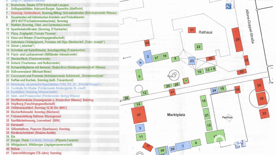Zur besseren Orientierung gibt es im Rathaus Wiesau einen Lageplan, auf dem die einzelnen Verpflegungsstände und Eventorte eingezeichnet sind. Grafik: Markt Wiesau/exb