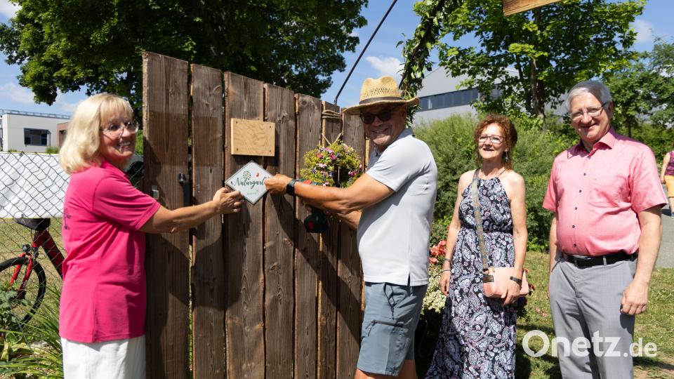 Ein sichtbares Zeichen für gelebte Gartenkultur: Kreisfachberater Harald Schlöger (Zweiter von links) bringt die Plakette „Naturgarten – Bayern blüht“ am Eingang des Vereinsgartens an. Lucia Heindl (links), 1. Vorsitzende des OGV Erbendorf, Inge Härtl (Zweite von rechts), stellvertretende Vorsitzende des Kreisverbands, und Bürgermeister Johannes Reger begleiten den Moment. Bild: Roland Wellenhoefer