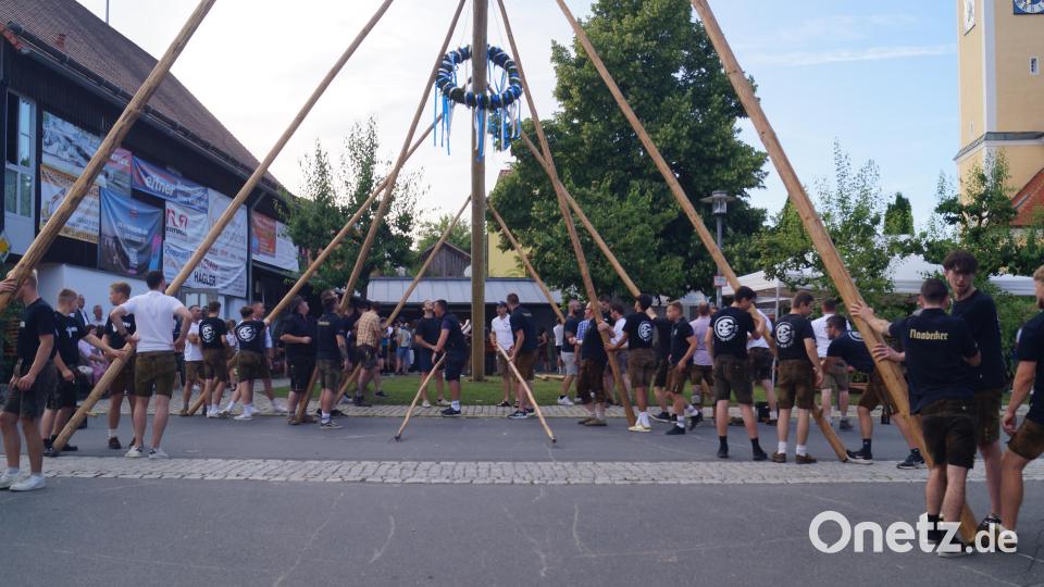 Viele Kirwa-Burschen wurden benötigt, um den 30 Meter langen Baum auf zustellen. Bild: slh
