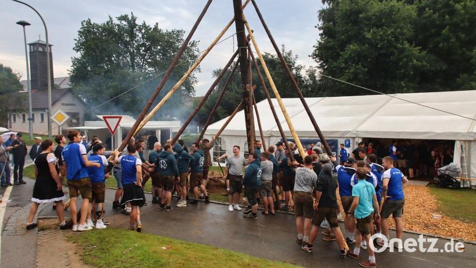 Unter dem Kommando von Josef Wendl stellten die &quot;Willhofer Kirwaburschen&quot; den Kirwabaum auf. Bild: bnr