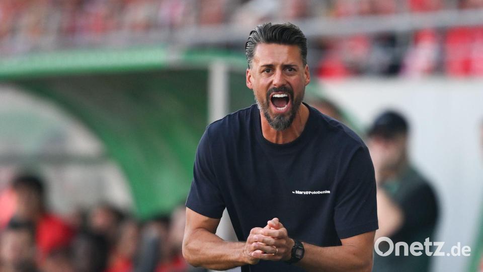 Augsburgs Trainer Sandro Wagner ist mit Leidenschaft bei seinem Debüt im Einsatz. Bild: Hendrik Schmidt/dpa