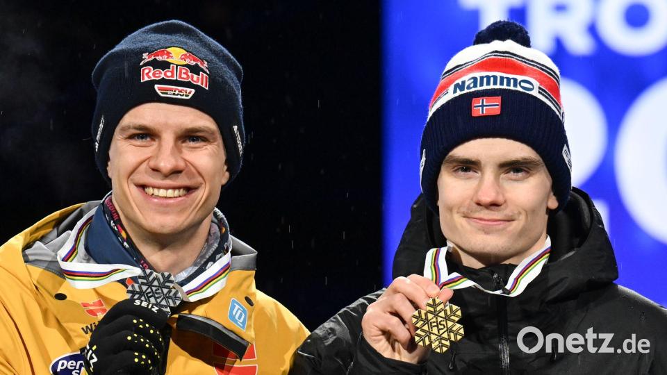 Bei der WM holte Wellinger Silber und Lindvik Gold. Bild: Hendrik Schmidt/dpa