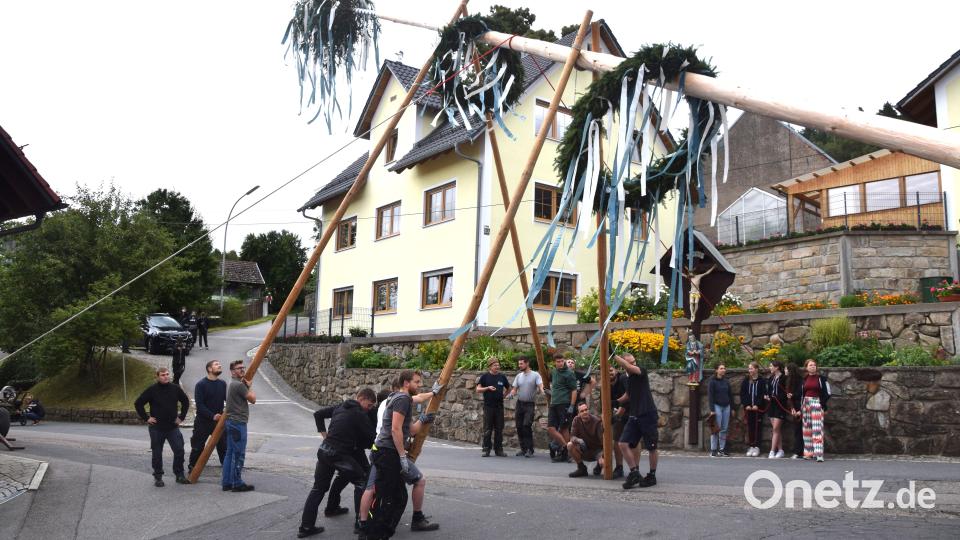Samstag der Auftakt. Mit Muskelkraft stellen die Kirwaburschn den Baum auf. Bild: fz