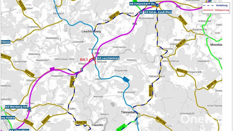 Der Plan zeigt die Umleitung für die Fahrbahnerneuerung der B 22 bei Leuchtenberg Bild: Staatliches Bauamt Amberg-Sulzbach