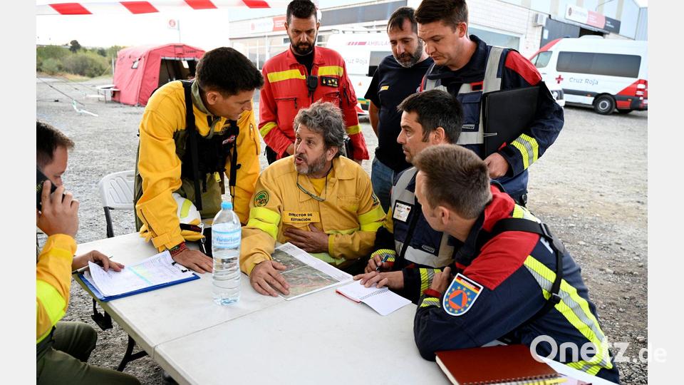 Spanische und aus Deutschland zur Hilfe geeilte Feuerwehrleute beraten bei dem Ort Jarilla über die Bekämpfung eines großen Waldbrandes. (Archivbild) Bild: Sven Käuler/dpa