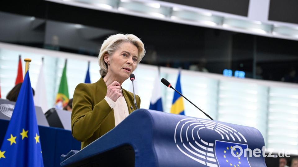 Von der Leyen kündigte unter anderem an, dass die EU-Kommission wegen Israels Vorgehen im Gazastreifen ihre Unterstützung für das Land aussetze. Bild: Pascal Bastien/AP/dpa