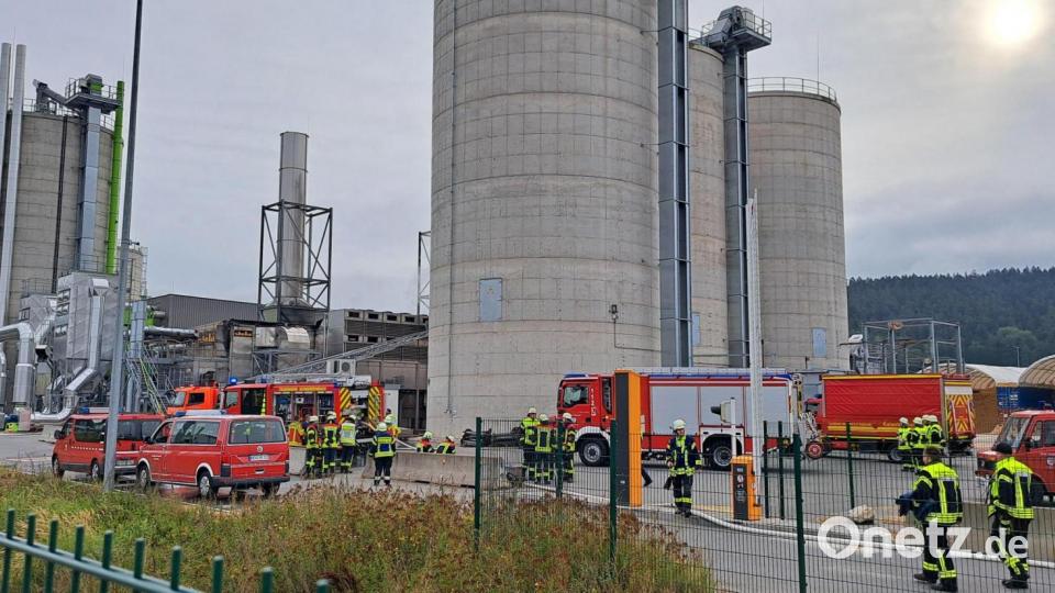 In einem Pelletwerk in Döllnitz brennt es. Ein Großaufgebot an Feuerwehrleuten rückt an. Bild: Matthias Schecklmann
