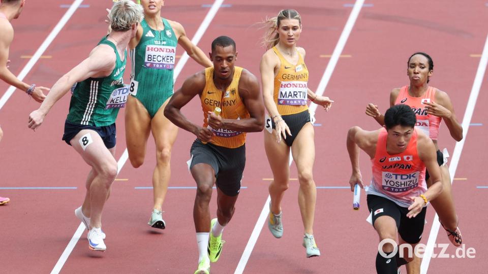 Die 4x400-Meter-Mixedstaffel um Johanna Martin und Emil Agyekum enttäuschte. Bild: Oliver Weiken/dpa