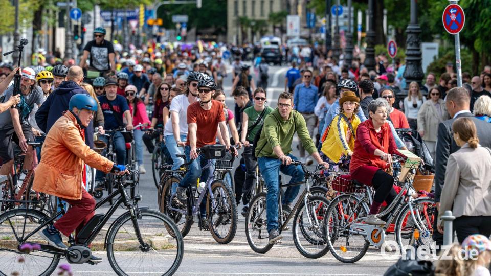 Auf Fahrrädern ziehen Hunderte Menschen durch München. Bild: Armin Weigel/dpa