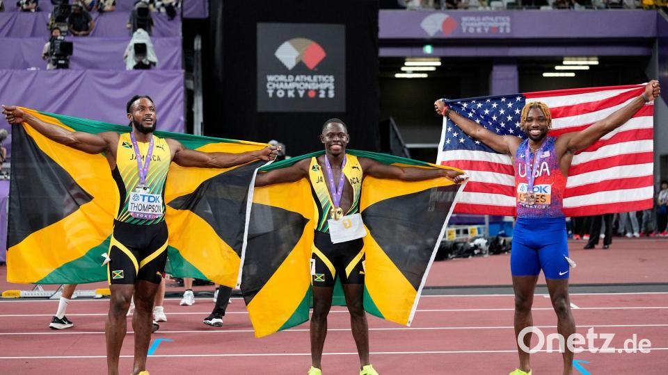 Zweimal Jamaika, einmal USA: Jamaika ist zurück auf dem 100-Meter-Thron. Bild: Matthias Schrader/AP/dpa