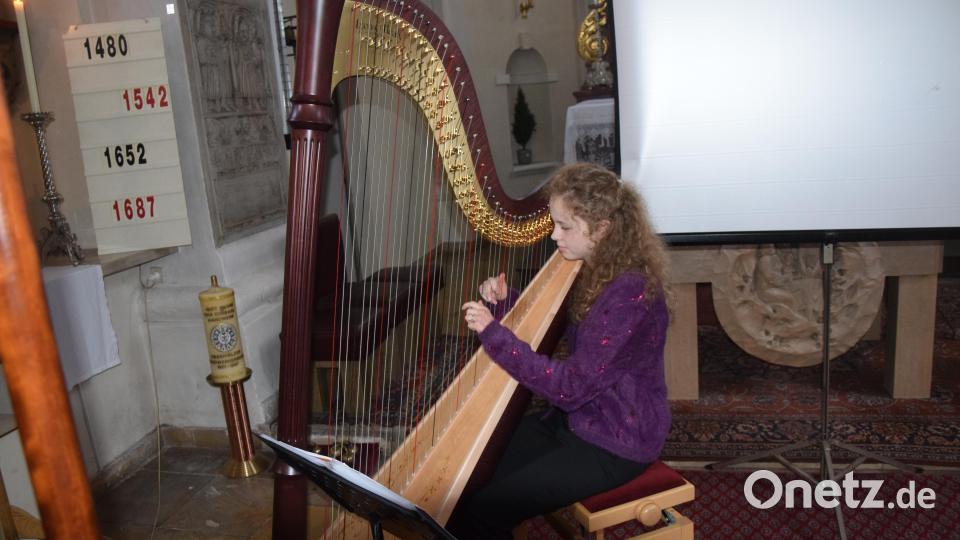 Mit einfühlsamen Musikstücken auf der Harfe umrahmte Juliane Wölfl den einstündigen Vortrag von Herbert Baumann. Bild: fz